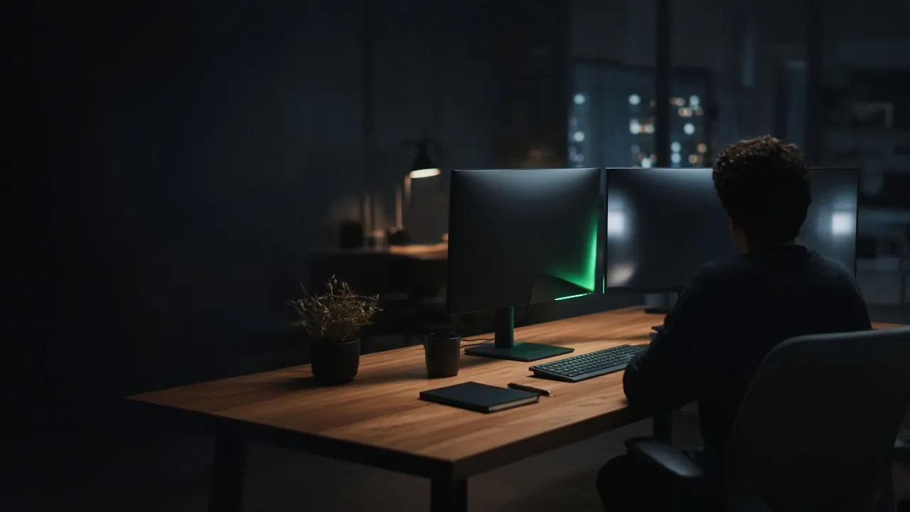Estudio de ingeniería: estación de trabajo oscura con luz verde sobre un escritorio de metal.